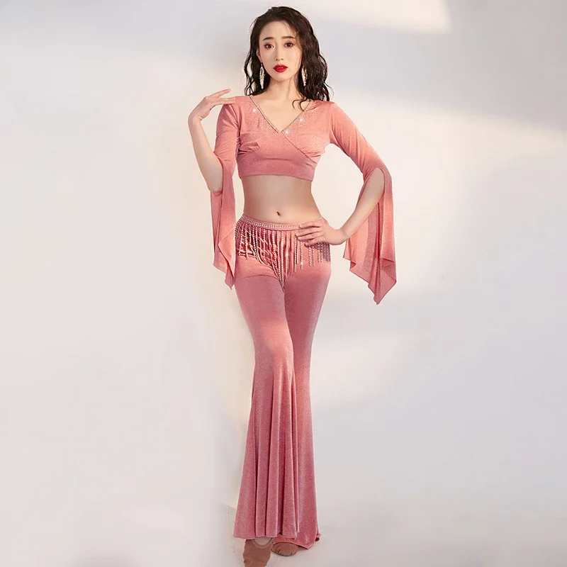 Buikdans Kostuum Vrouwen Exotische Dancewear Halve Mouwen V-hals Top + Kwastje Pak Broek 2 Stuks Vrouwelijke Buikdansen kostuum Outfit