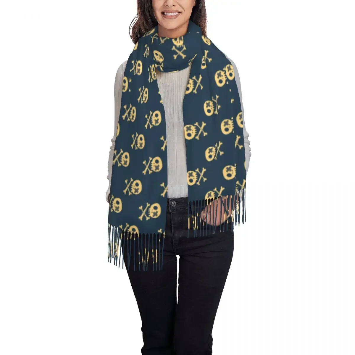 Skulls Doodles Scarf with Long Tassel Cute  Sketch Warm Shawls and Wrap Unisex Graphic Large Scarves Winter Bufanda Mujer