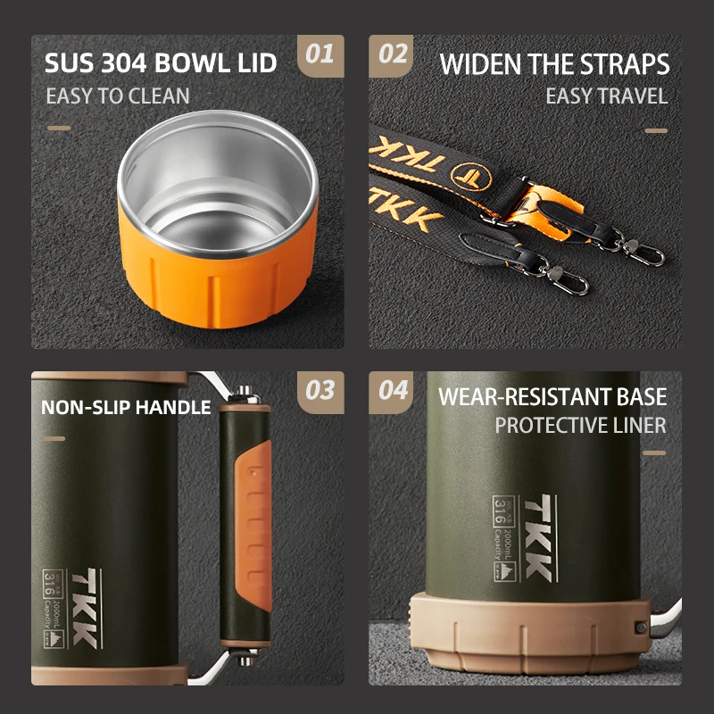 TKK 2000ml SUS-316 Large Capacity Stainless Steel Thermos Portable Vacuum Flask Insulated Tumbler with Rope Thermo Bottle