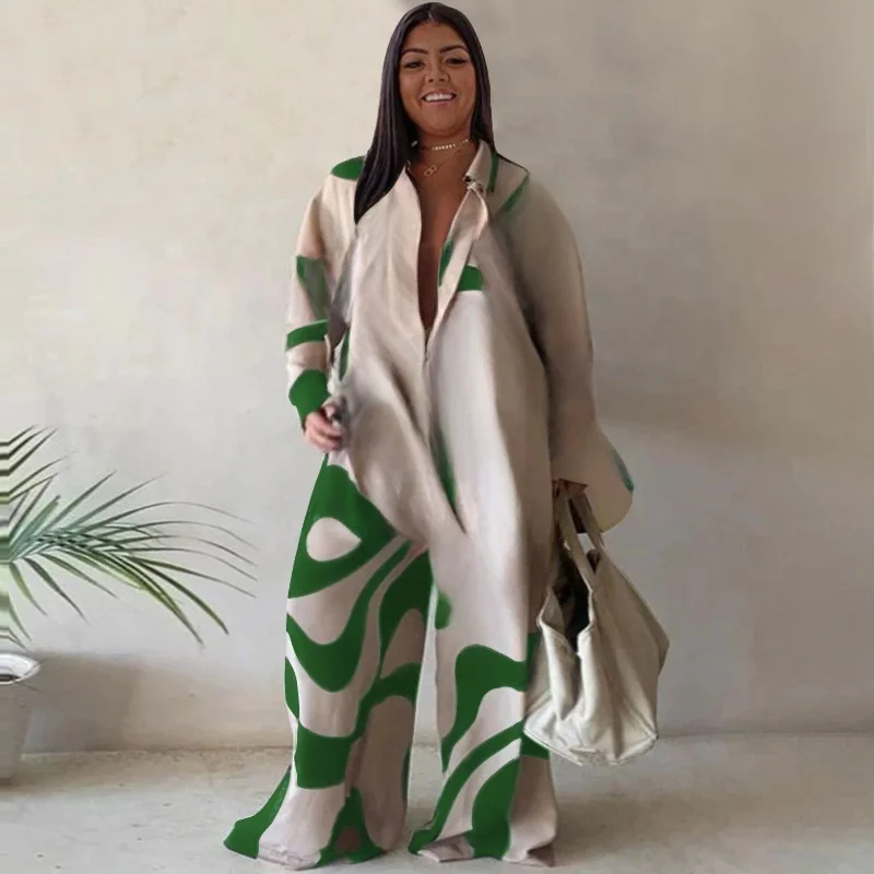 Large Size Faionable Printed Long Sve irt And Trousers Set for Women Summer 2024 Universal Fit Other Material 00%