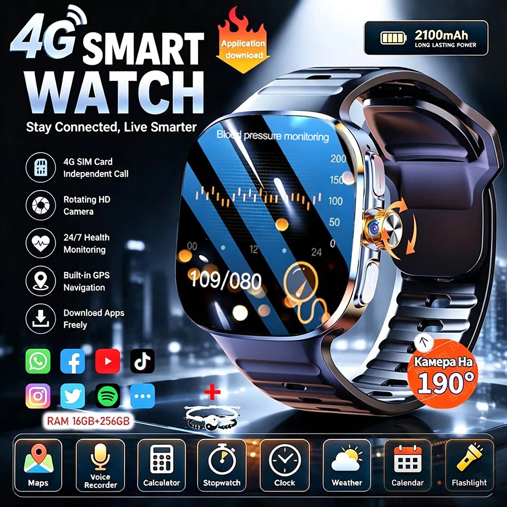 4G Full Network Android Smart Watch With 2.40" AMOLED Display Independent Calling Camera GPS Wifi Sports Android 10.0 Smartwatch