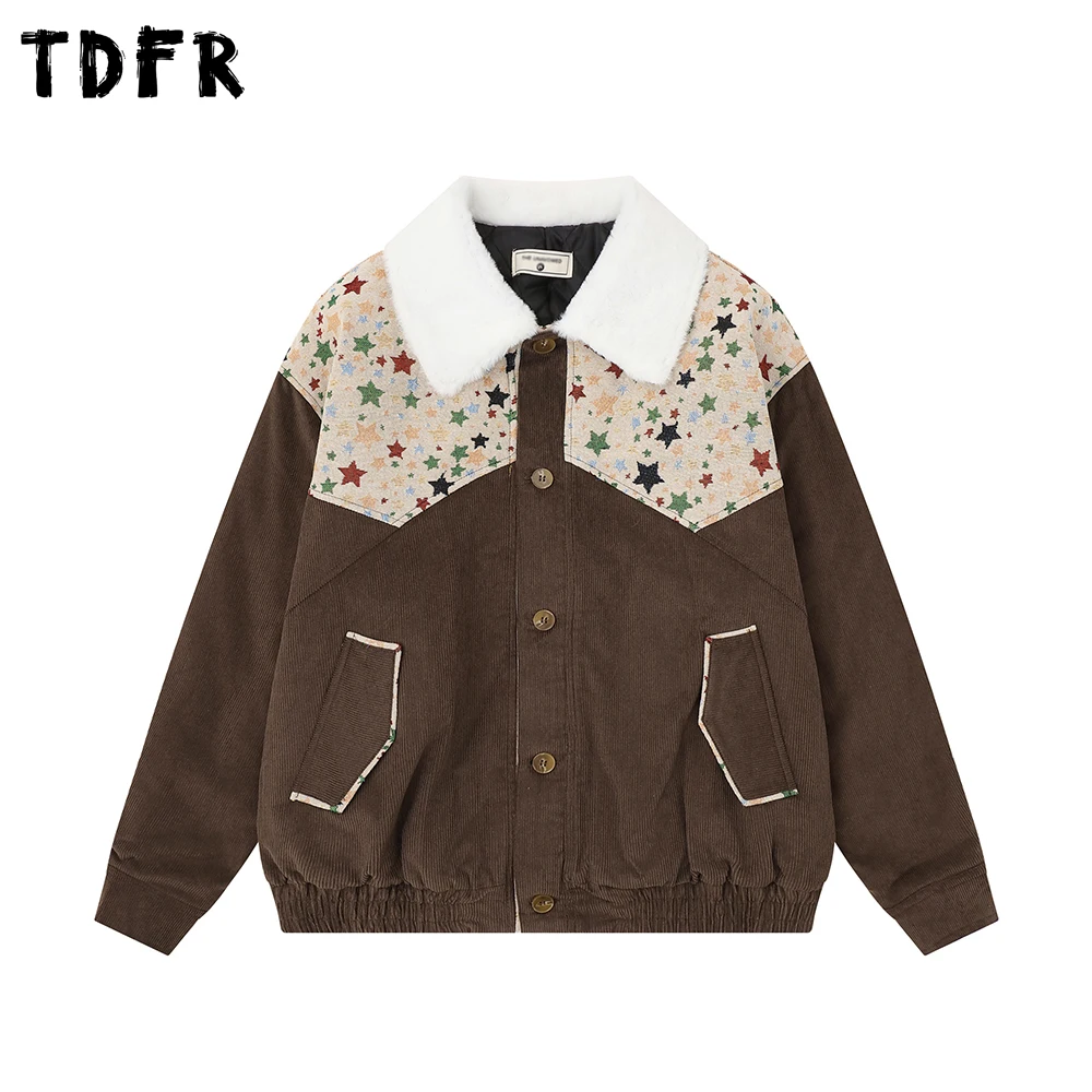 

Patchwork Corduroy Quilted Jacket Mens Retro Casual Autumn Winter Fur Collar Long Sleeve Thick Outerwear Man