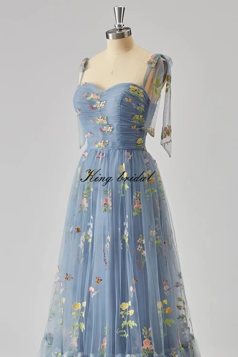 이브닝 파티 가운 신부 들러리 드레스 여성 꽃 자수 Tulle 댄스 파티 드레스 코르셋 긴 스파게티 스트랩 Fairy Ruched Formal