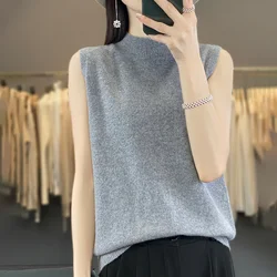 Women's T-shirt 2024 Spring/Summer New Pure Wool Tank Top Women's Half High Neck Knitted Pullover Sleeveless Vest Kam Shoulder