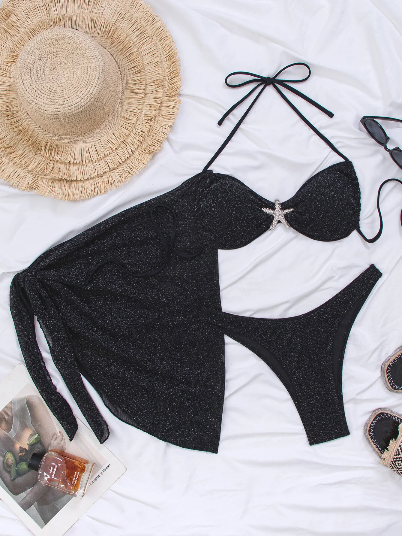 

Сексуальный черный блестящий комплект бикини с узором в виде морских звезд, 3 предмета: топ-халтер, микро-бикини и юбка-парео, стринги, купальник, танкини