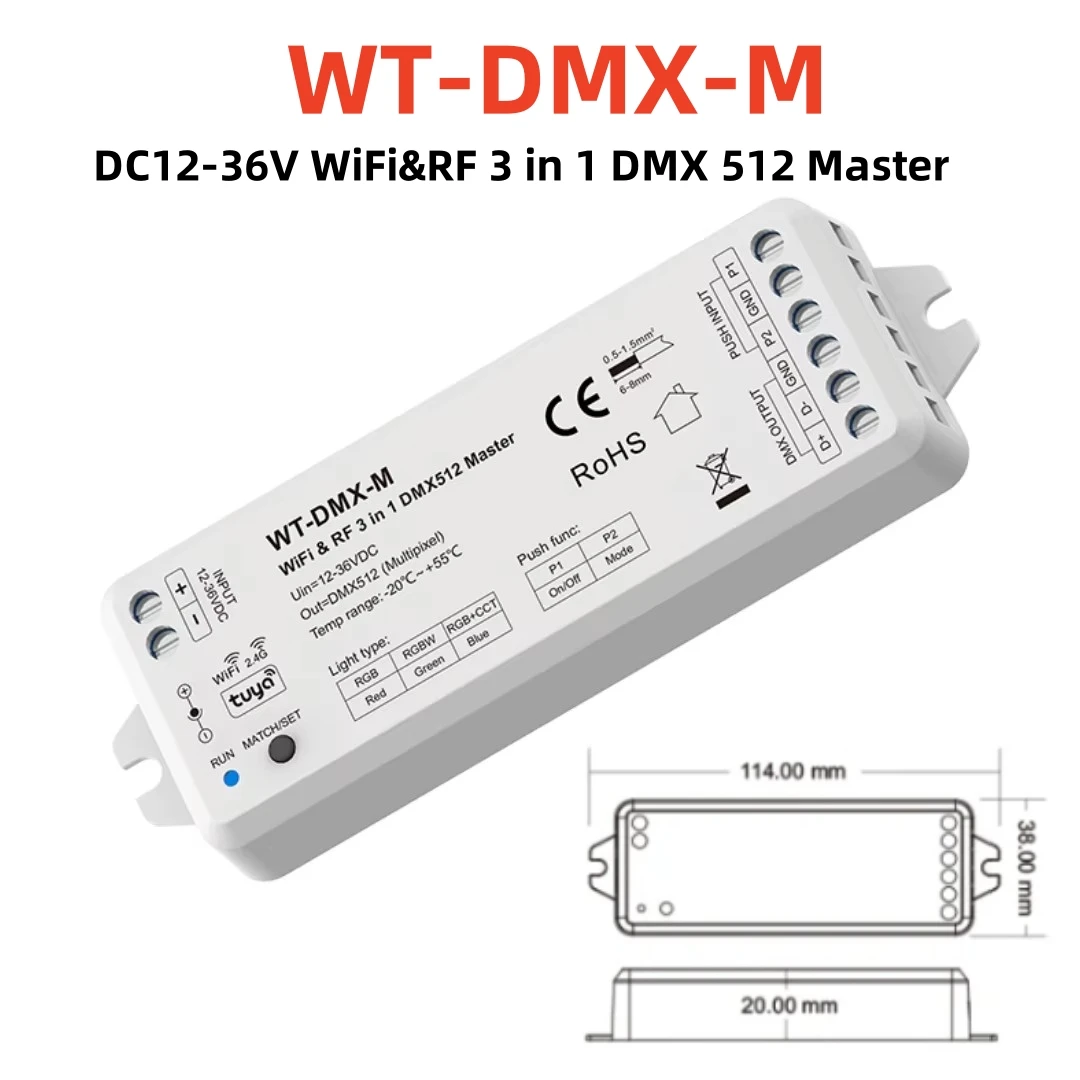 

3 in 1 Push Switch WT-DMX-M RGB/RGBW/RGB+CCT WiFi RF DMX512 Master Led Controller Tuya APP Control for DMX512 Led Strip Light