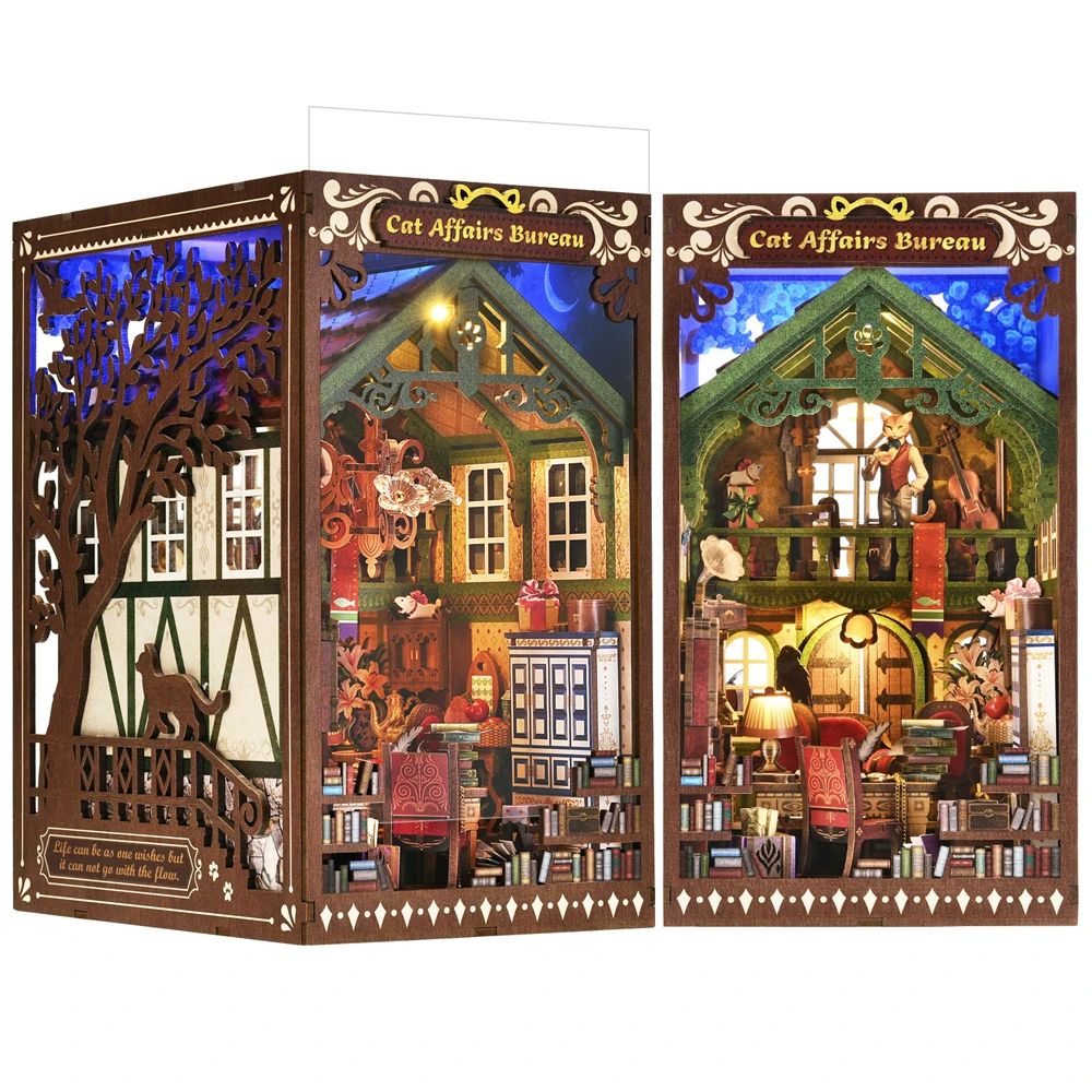 Zestaw Book Nook kot powraca DIY drewniane puzzle Hayao Miyazaki półka na książki Model domku dla lalek Bookend budynek dekoracja wnętrz