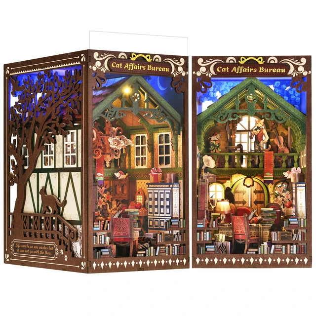 Zestaw Book Nook kot powraca DIY drewniane puzzle Hayao Miyazaki półka na książki Model domku dla lalek Bookend budynek dekoracja wnętrz