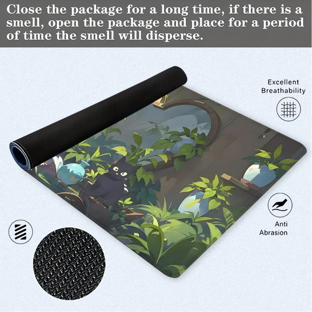 Black Cat Mouse Pad Cartoon Design Large Desk Accessories Desk Pad Rubber Base with Stitched Edge Mousepad Non-Slip Deskpad