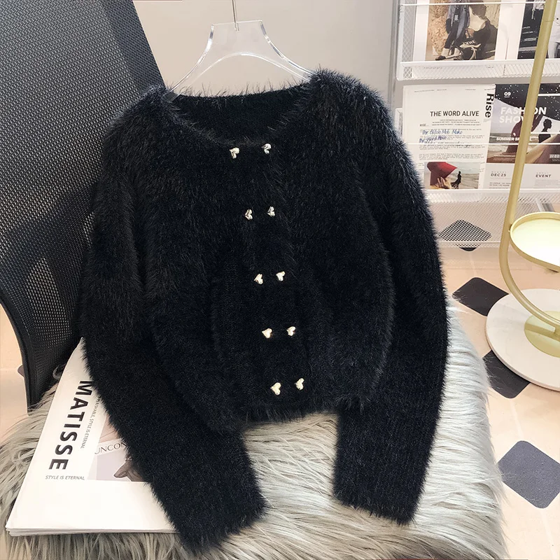 Imitation Mink Knitted Cardigan Sweater Coat Women\'s 2023 New Autumn Winter New Elegant Heart Double Breasted Long Sleeve Top