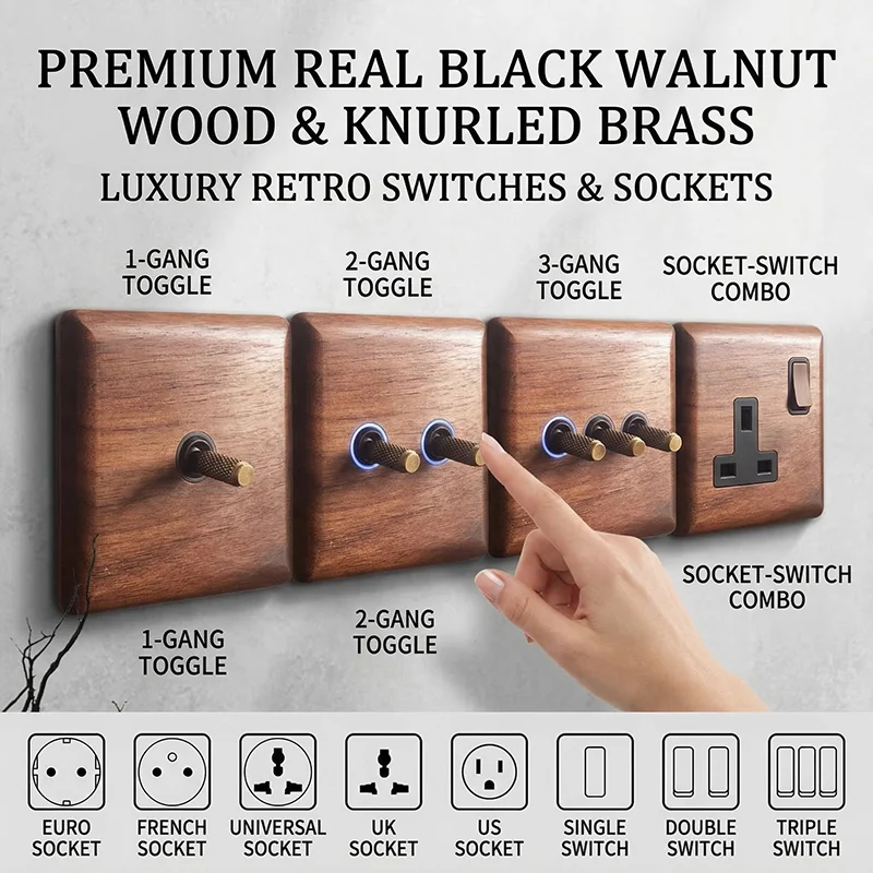 Antique Brass & Solid Wood Wall Light Switch 86x86mm Retro Power Socket Panel for EU RU FR Wiring, Decorative Toggle Switch