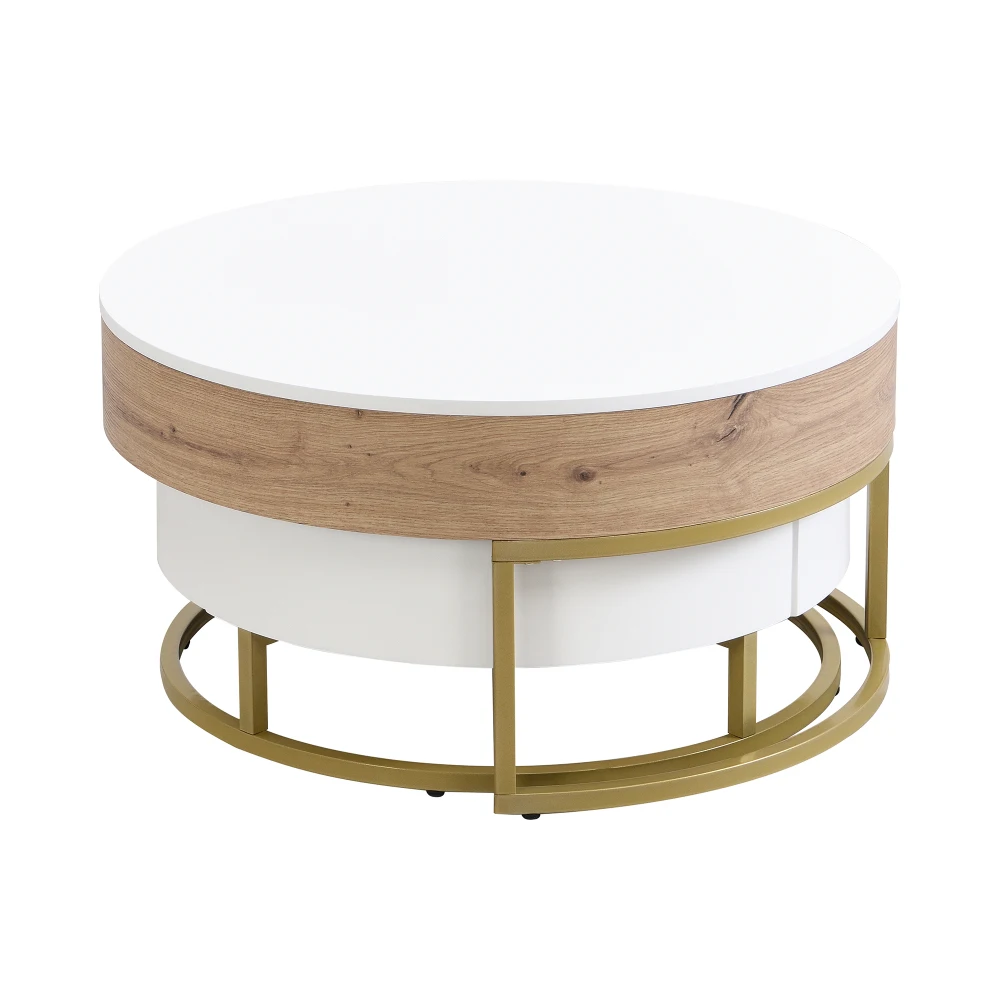 

Modern Round Lift-top Nesting Coffee Tables with 2 Drawers White & Natural