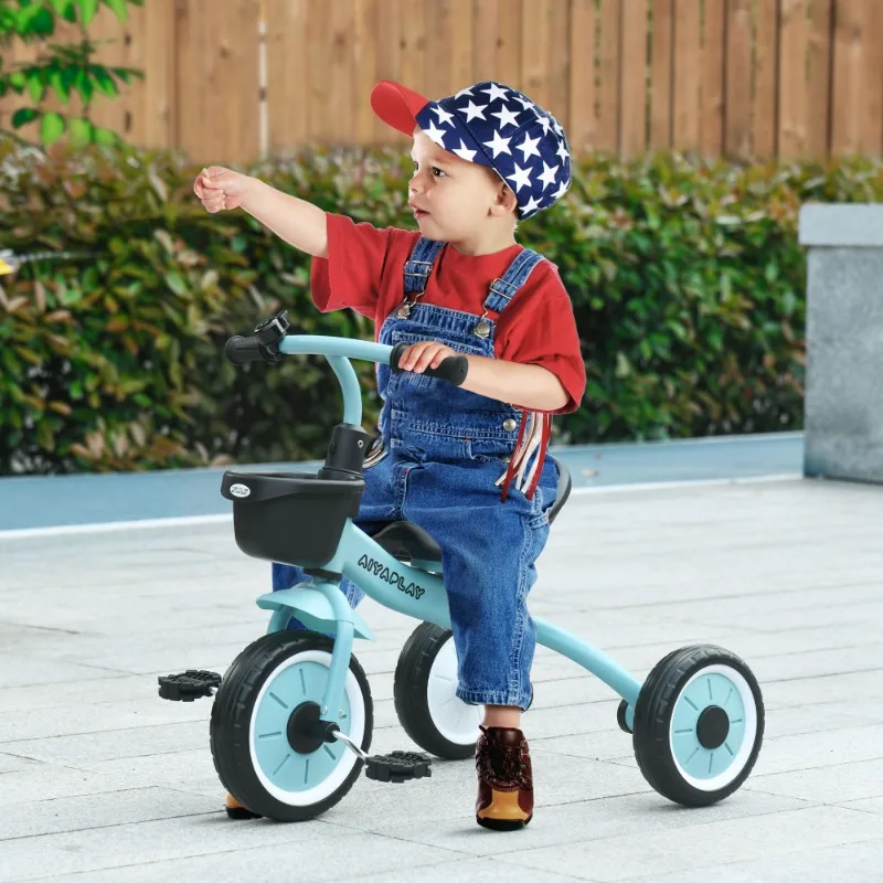 Kids Tricycle for Toddlers Age 2-5 with Adjustable Seat, Toddler Bike for Children with Basket, Bell, Handlebar Grips, Blue