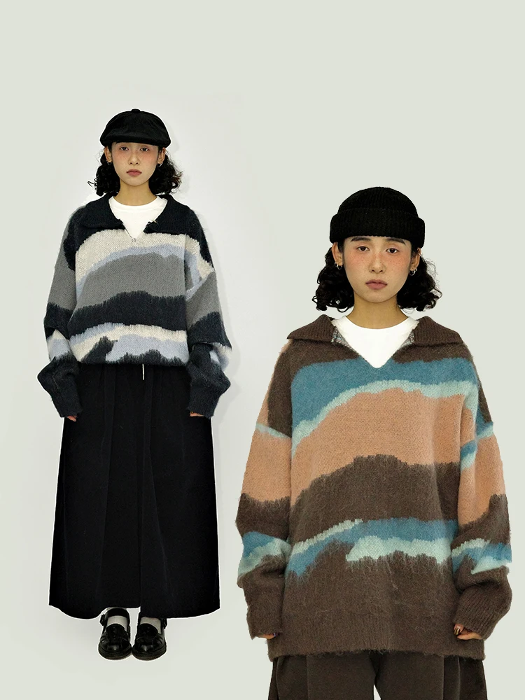 

Guluwoo Autumn Winter Vintage Loose Dopane Knitted Casual Top Wool Blend Striped Sweater Soft Polyester Blend