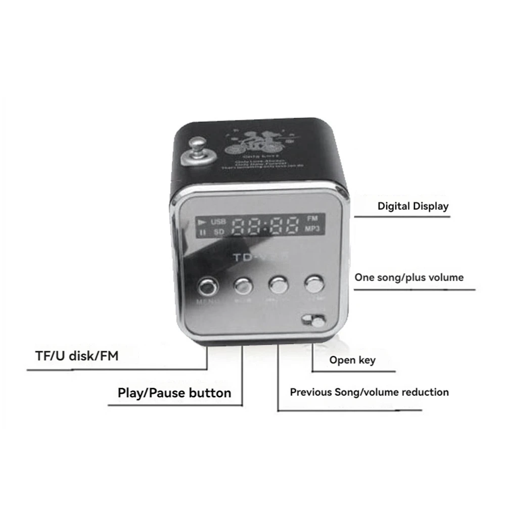 B03B-TD-V26 Ricevitore radio mini FM portatile digitale Altoparlante LED Altoparlante wireless Supporto MP3 Scheda SD/TF Nero