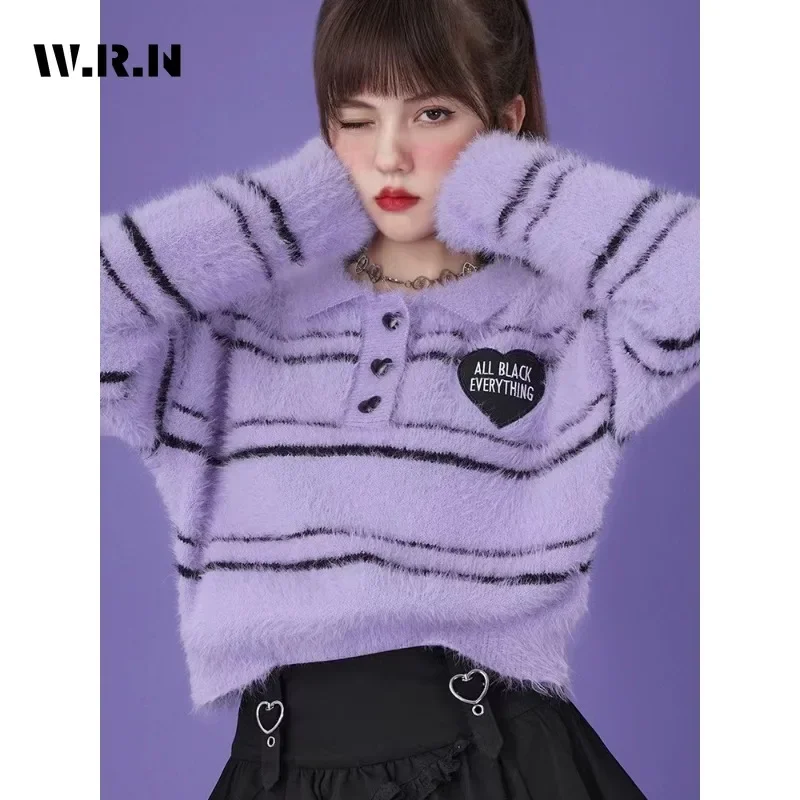 2023 Winter Sweet Casual Y2K Knitting Long Sleeve Heart Appliques Pullovers Korean Fashion Women Striped Slim Ladies Sweater