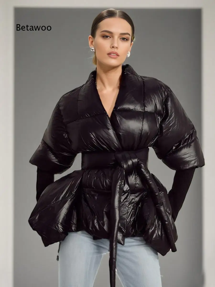 Unique Designed Padded Coat For Women Fashion Casual Style Slim Silhouette Long Sleeve Outerwear With Tie Belt Decor For Springs