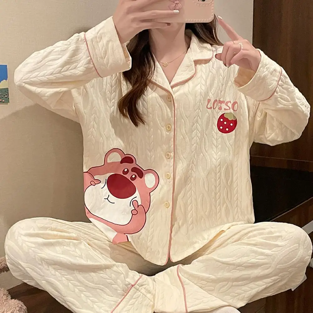 Miniso Cartoon Lotso Cute Girls Long Sleeve Long Pants 2-Pcs Autumn and Winter Sweet Loose Comfortable Pajama Set Christmas Gift