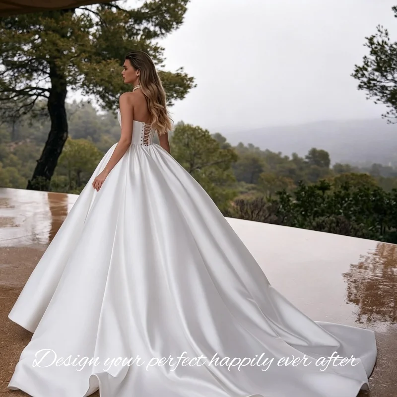 2026 Sweetheart Strapless Satin Wedding Dress Cathedral Train Pockets Lace‑up Back Bridal Gown Vestidos De Novia Customized