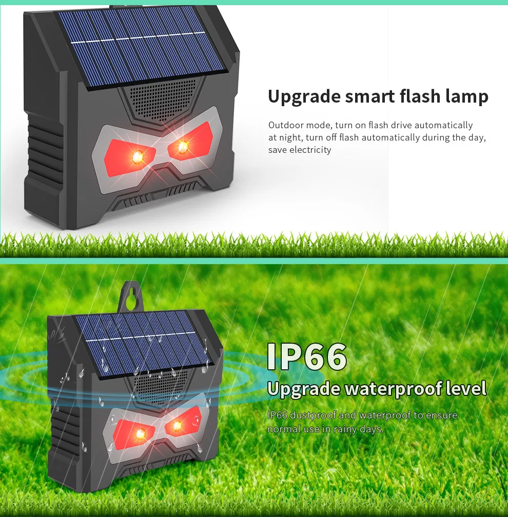 Elektronischer Ultraschall-Vogelschutz IP66 wasserdichte Solar ladung LED-Blitz lampe Schädlings bekämpfung für die Kontrolle des Innenhofs – Detail 4