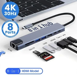 Station d'accueil pour concentrateurs USB C, adaptateur compatible HDMI 4K, répartiteur de type C, USB C vers HDMI, accessoires informatiques Macbook, 8 en 1