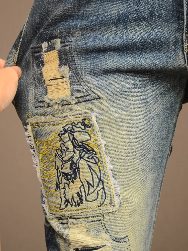 Retro Make Old Ripped Jeans Men's Pu Handsome Stretch Slim Fit High-End Embroidery Scrape Patch Style Motorcycle Trousers