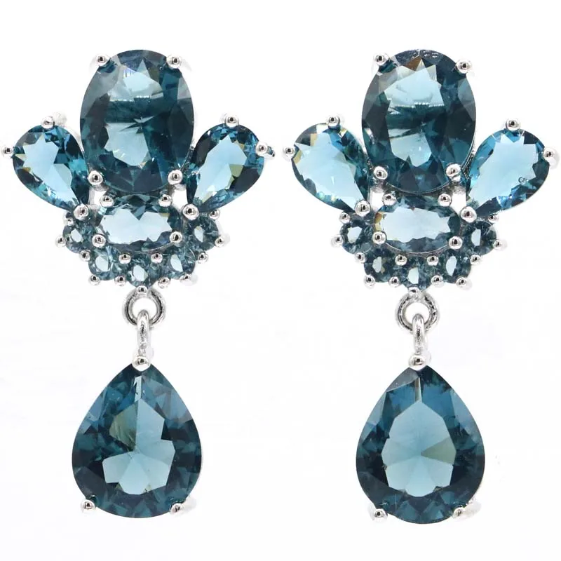 

Buy 3 Get 1 Free 32x20mm Lovely Cute Dark London Blue Topaz Daily Wear Women Present Silver Earrings