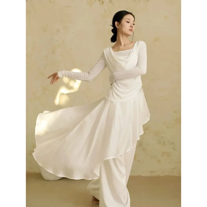 Women Irregular Layered Hem Fake Two Piece Long Sleeve Top Wide Pants Modern Dance Practice Outfit