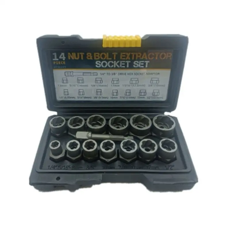 A84E-14 Piece Lug 3/8Inch Drive Impact Bolt Nut Extractor Set Steel Nut Remover Kit 1/4Inch-3/4Inch Twist Socket Tool Set