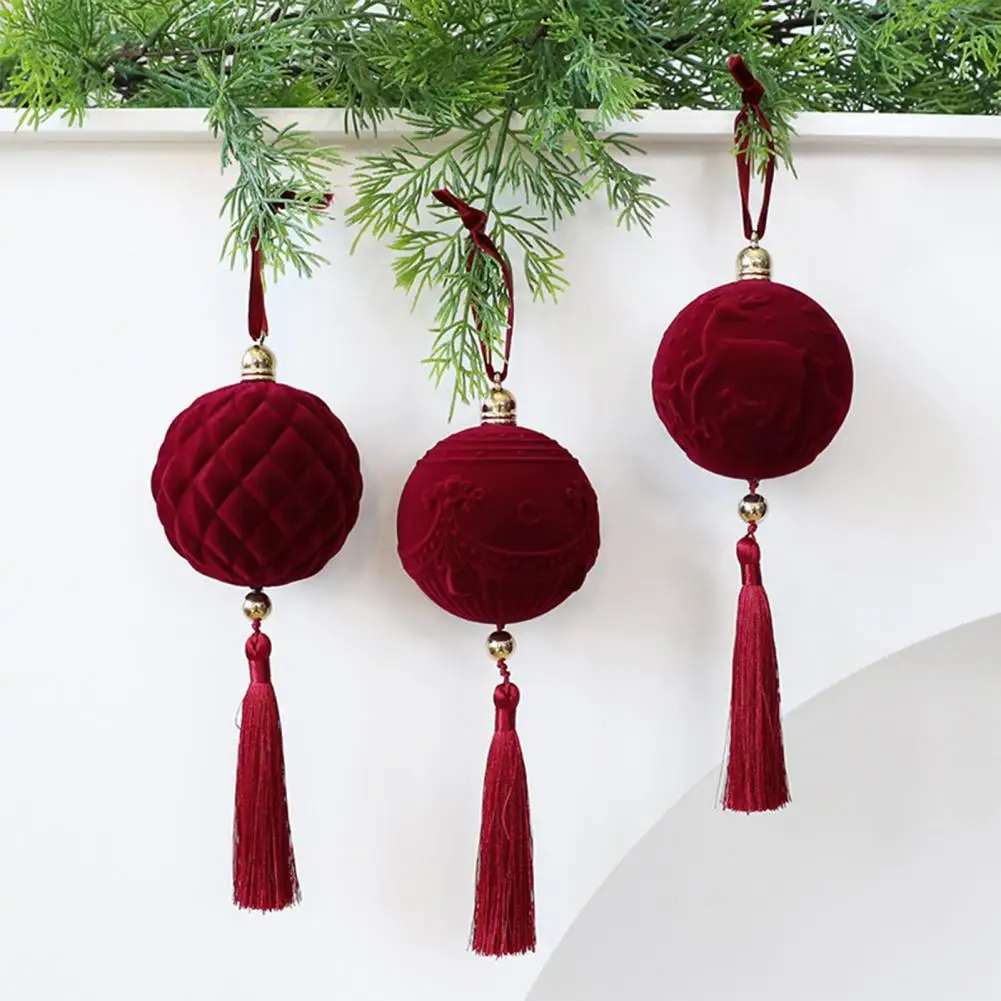 Burgundy Flocked Christmas Ball Ornaments, Retro Velvet Texture Decorative Hanging Pendants for Holiday Tree Decor