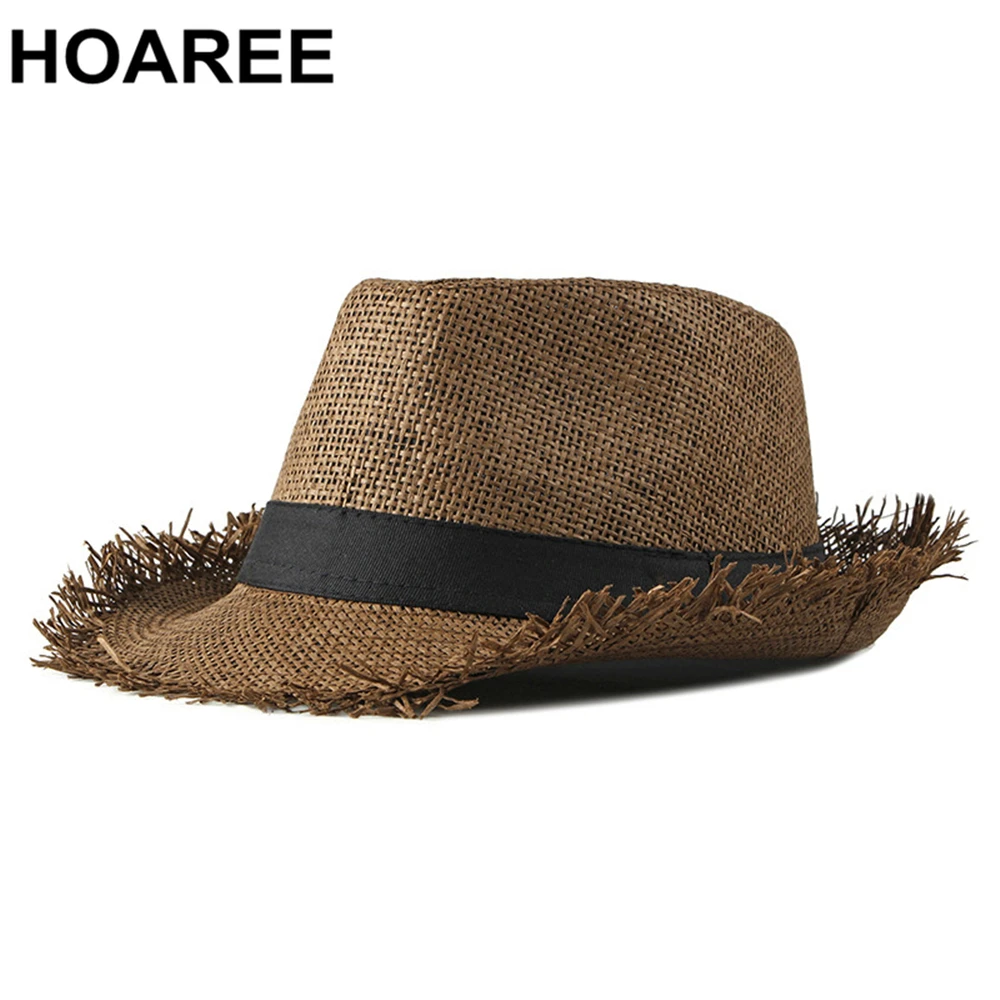 HOAREE Beach Hat Men Summer Panama Cap Casual Trilby Fedora Hat Male Straw Hat UV Protection Wide Brim Sombrero