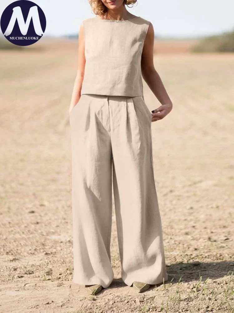 

Sets for Women 2 Pieces 2025 New Summer Solid Sleeveless Short Top High Waisted Wide Leg Pant Sets Fashion Casual Women's Suits