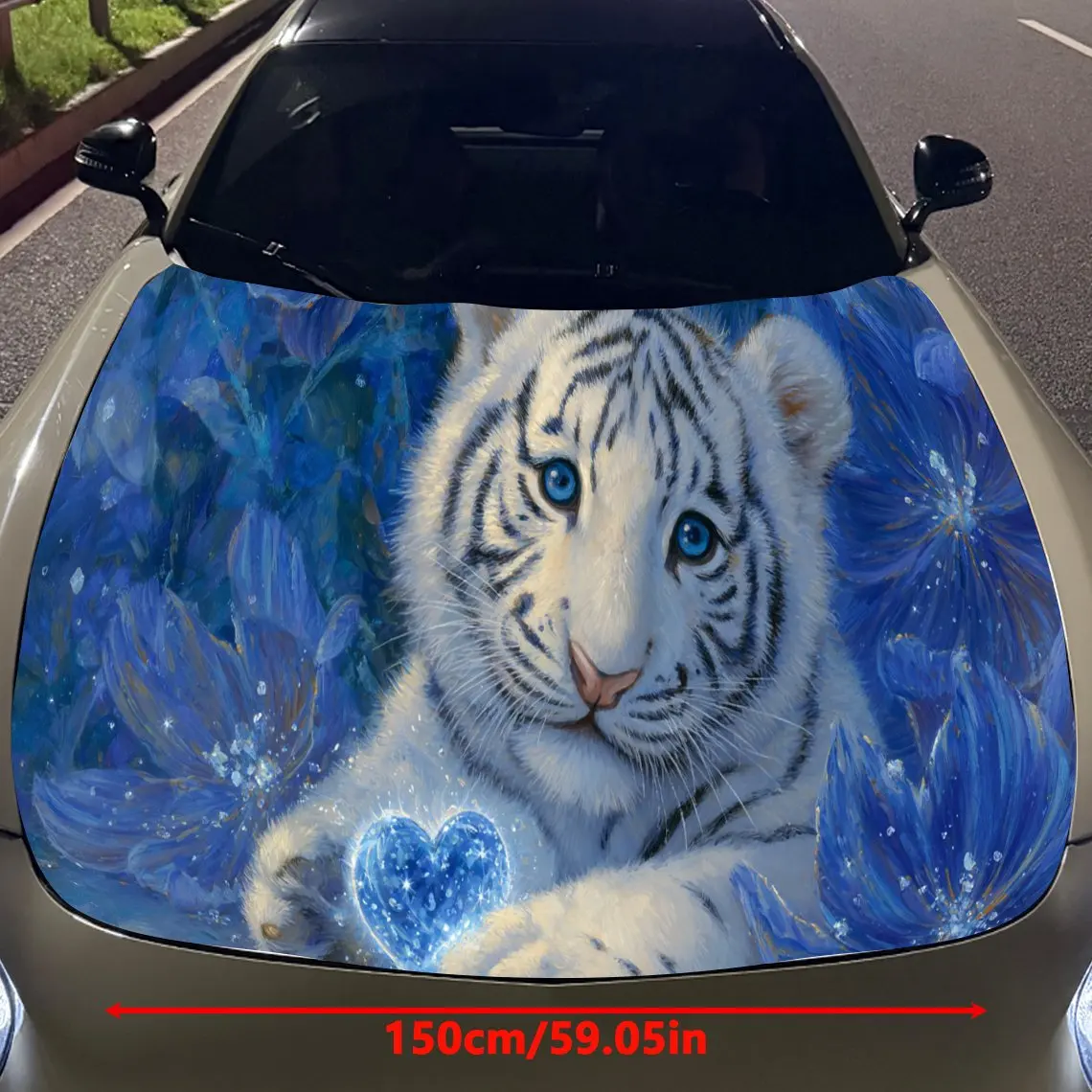 Adorable White Tiger Cub with Blue Flowers Car Engine Hood Sticker, Auto Vinyl Wraps, Waterproof Self-adhesive Vehicle Decal, Du