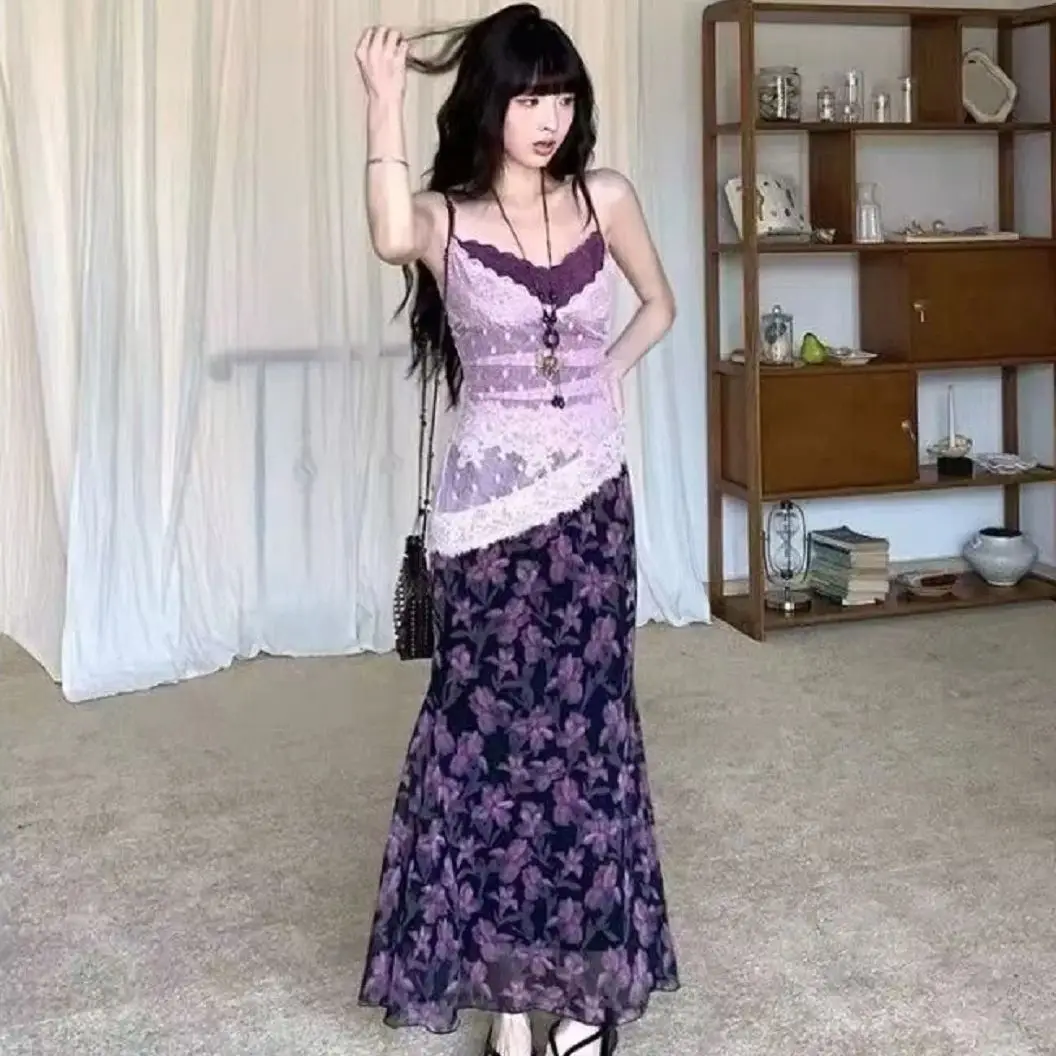 Retro Pure Lustful Two-Piece Lace Suspender Top Floral Skirt Women Summer New Niche Design Slimming Suit