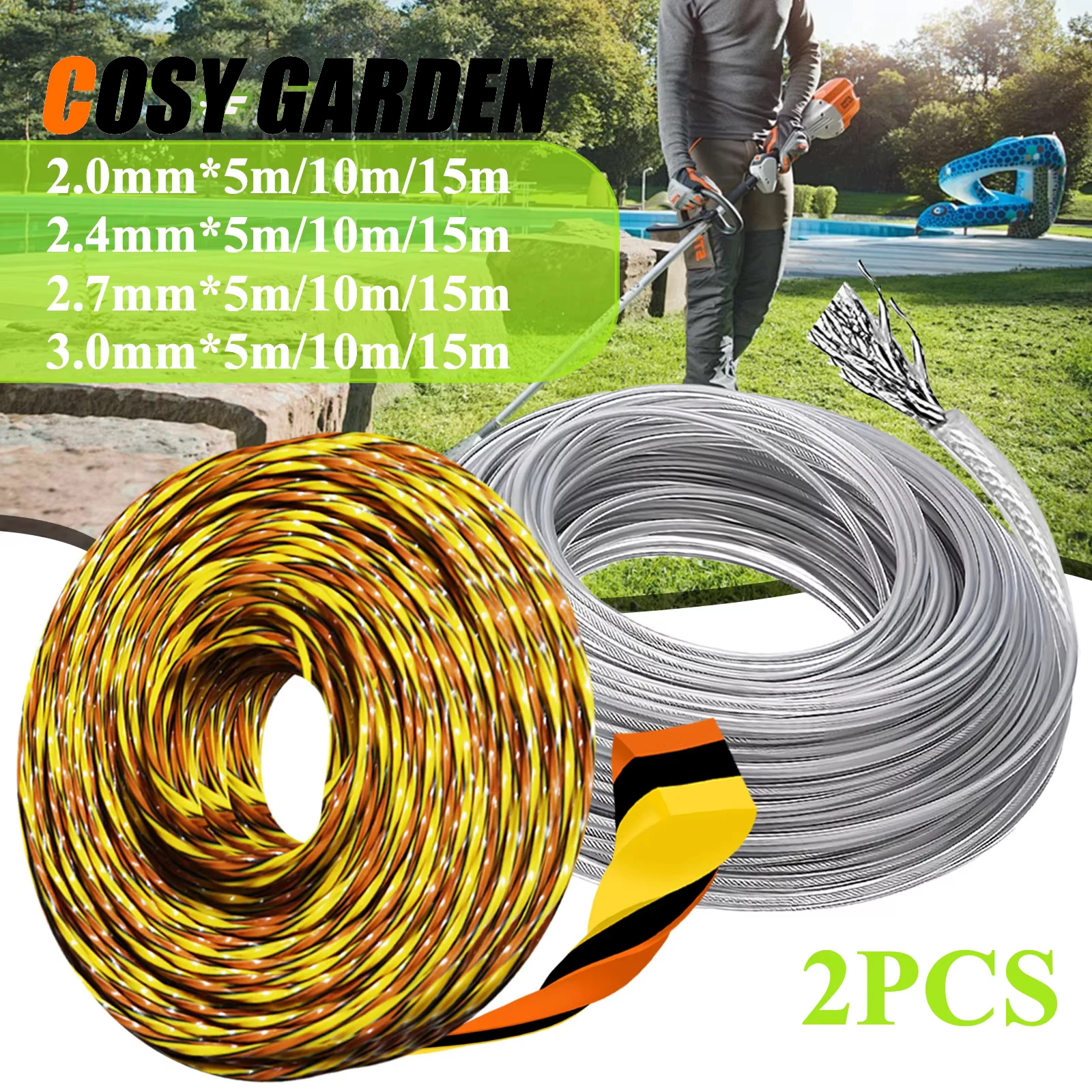 2 uds 2,4/2,7/3,0mm * 15m recortadora redonda cuerda de alambre de nailon de acero línea desbrozadora cortadora de césped largo accesorios de repuesto para cortacésped