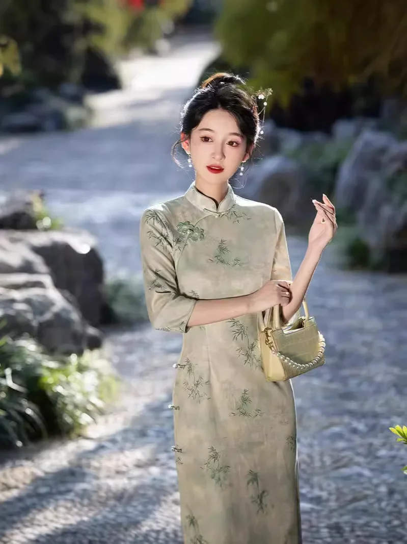 نمط طويل 2024 خريف جديد شيونغسام تحسين مزاجه المؤنث الرجعية اليومية أنيقة سبعة أرباع الأكمام فستان تشيباو #4