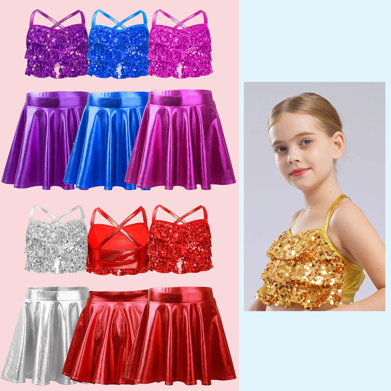 

Kids Girls Sequins Ballet Dance Sets Sleeveless Lyrical BallErina Costume Dancewear for Modern Latin Jazz Dancing Performance