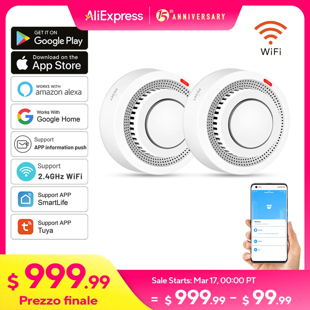 2 Pack Tuya Smart WiFi Smoke Detector With Real-Time APP Alerts Wireless Fire Sensor Alarm 85dB Sound for Home/Office