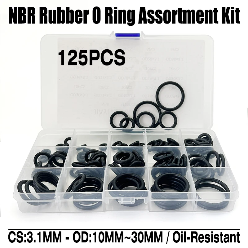 125Pcs NBR Black Rubber O-Ring Assortment Kit CS 3.1mm OD 10mm-30mm Nitrile Rubber Seals for Hydraulics/Pneumatics Long-Lasting