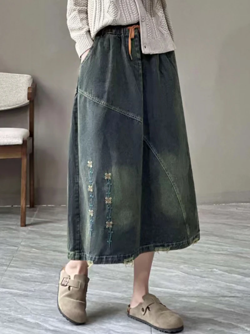 Vintage Literary Embroidery Patchwork Denim Versatile Loose Casual Cozy A-Line Office Lady Solid Color All-match Simple Skirts