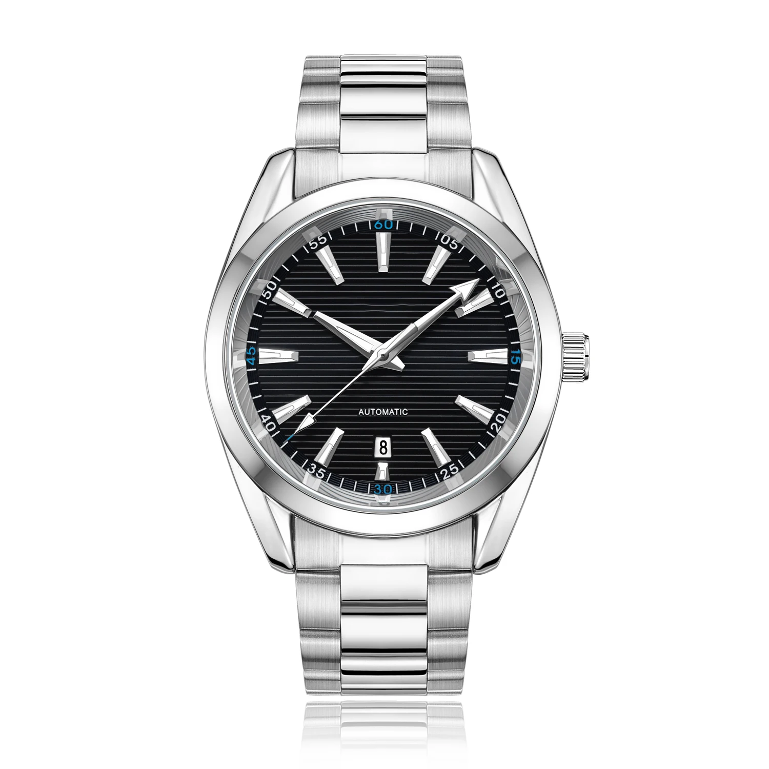 Men's Automatic Mechanical Watch Luminous Hands Date Display Silver Color Metal Bracelet Exhibition Back Dress Wristwatch