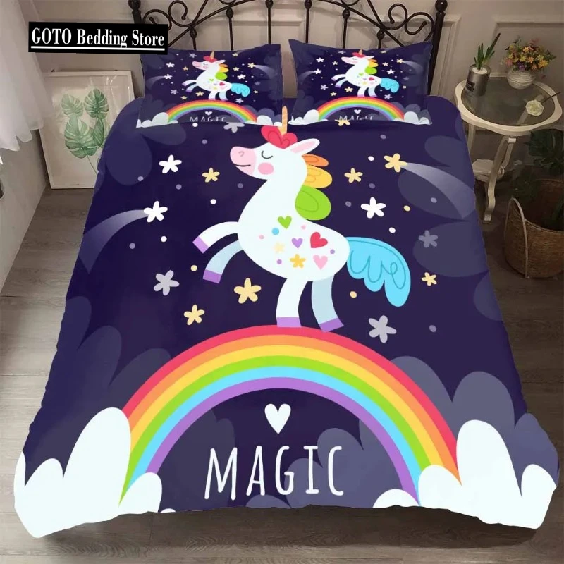 

Microfiber fabric Bedclothes Kids Beds Cartoon Rainbow Unicorn Bedding Set Home Bed Set Cute Unicorn Duvet Cover With Pillowcase