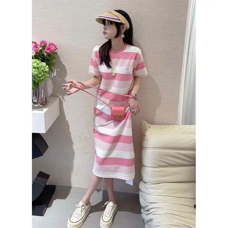 T-shirt d'été à rayures pour femmes, taille ample, mélange de coton et de lin doux, robe trapèze mi-longue pour 8 à 24 ans