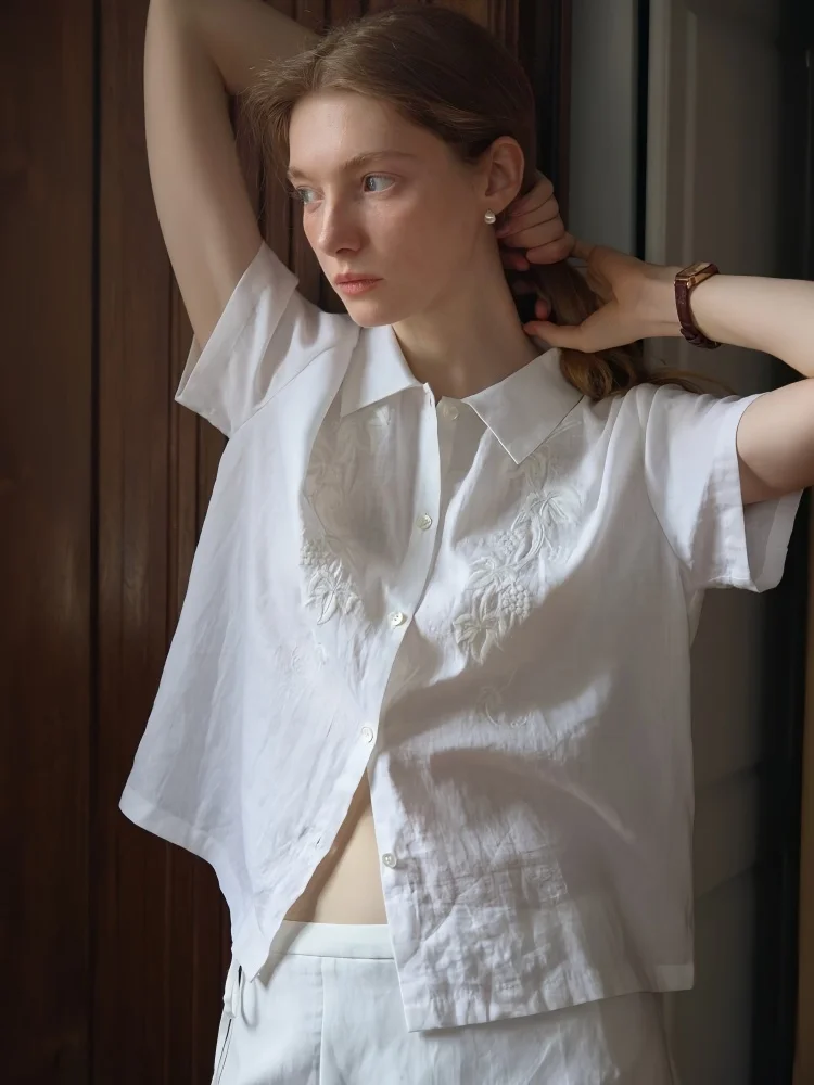 

Summer Women's 100% Natural Linen Short-Sleeve Shirt Heavy Embroidery White Loose Fit Casual Shirt for Ladies