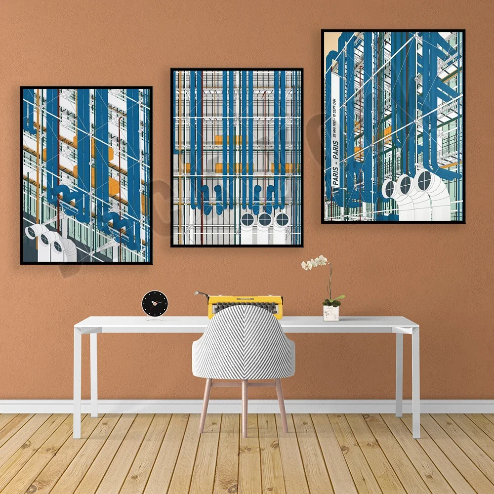 Modern architectural art print of Centre Pompidou, France, illustrated abstract poster, minimalist architectural print, Beaubour
