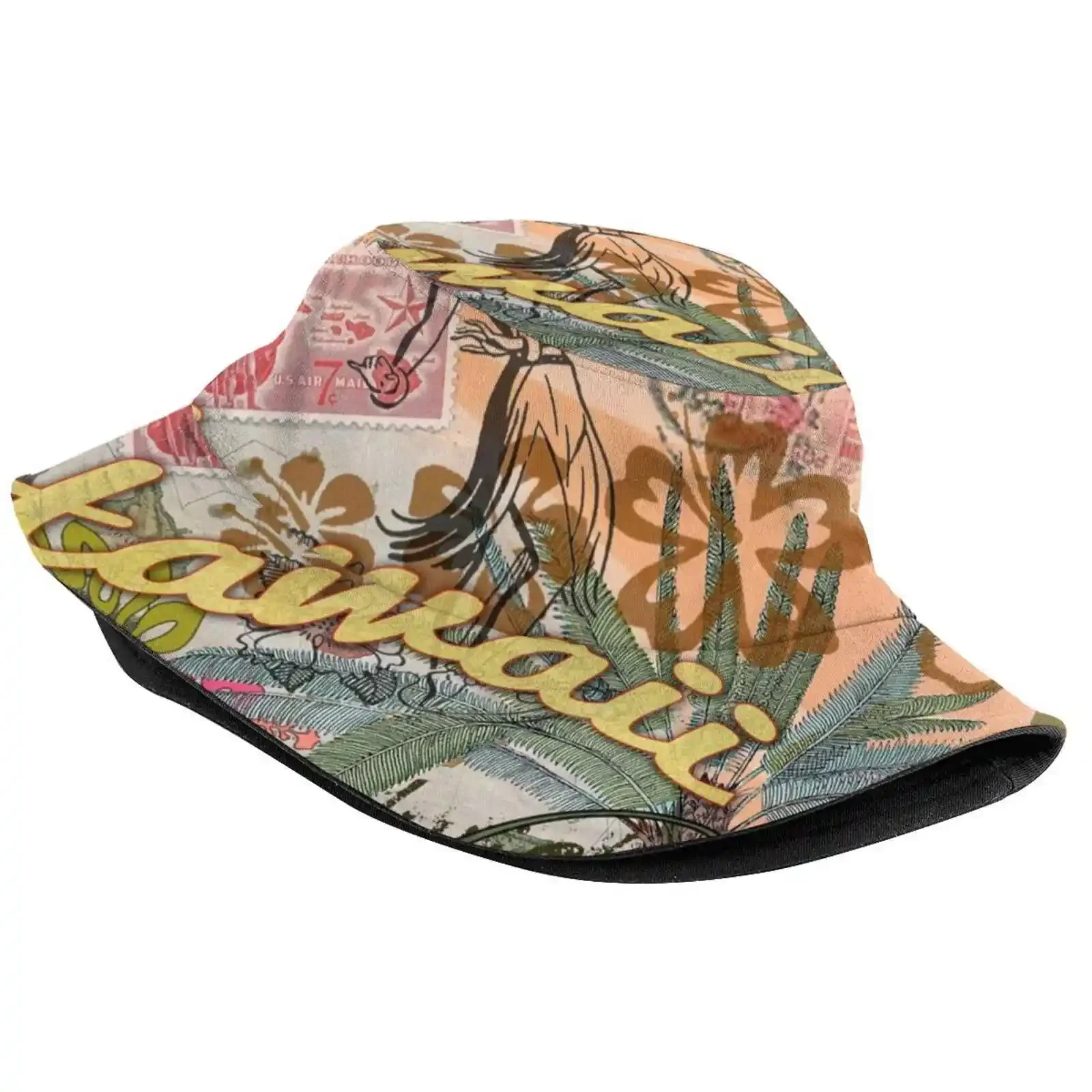 Vintage Hawaii Travel Colorful Hawaiian Tropical Collage Women Men Fisherman Hats Bucket Caps Doodlefly Hawaii Travel Hula Girl