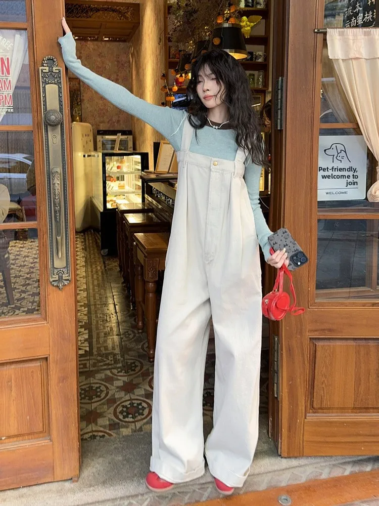 

Retro Japanese Sle Wide Leg Denim Overalls Women's Loose Casual Faion High Waist Spring New Arrival Anti-Wrinkle Jeans