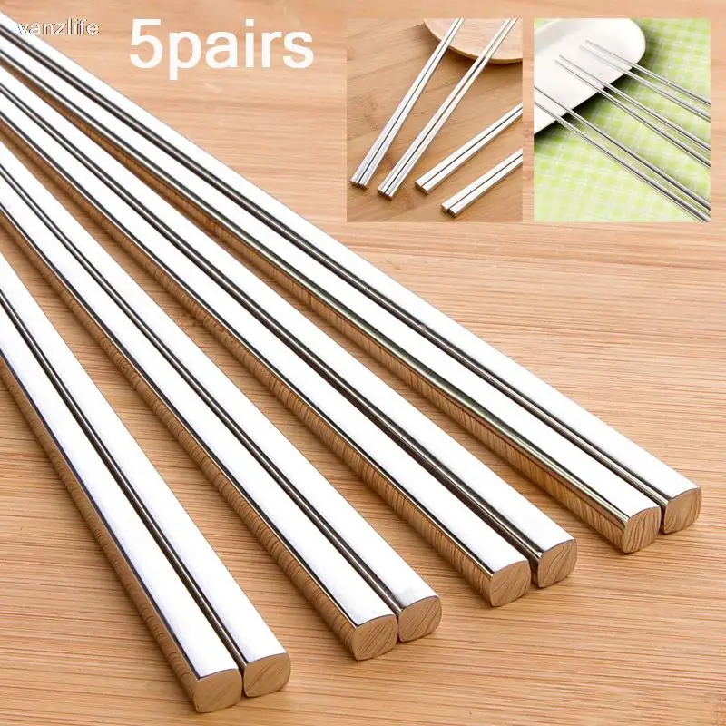 vanzlife Stainless Steel Chinese Chopstick for Sushi, Household Chopstick Holder, Kitchen Metal Chopsticks for Food, 5 Pairs