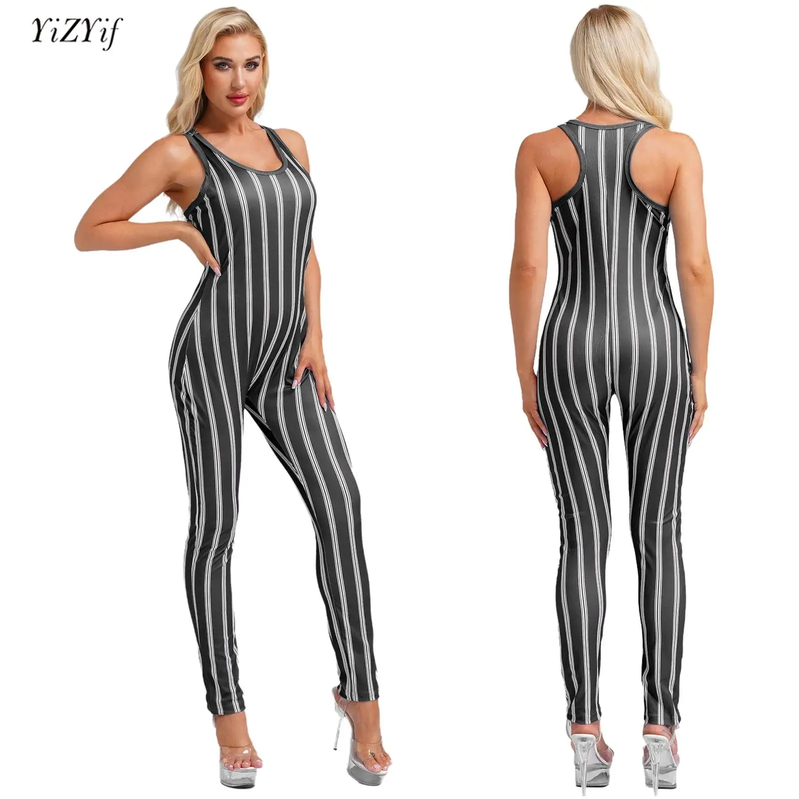 

Womens Striped Wrestling Singlet Bodysuit Scoop Neck Racer-back Sleeveless One Piece Jumpsuit Rompers for Fitness Gymnastics