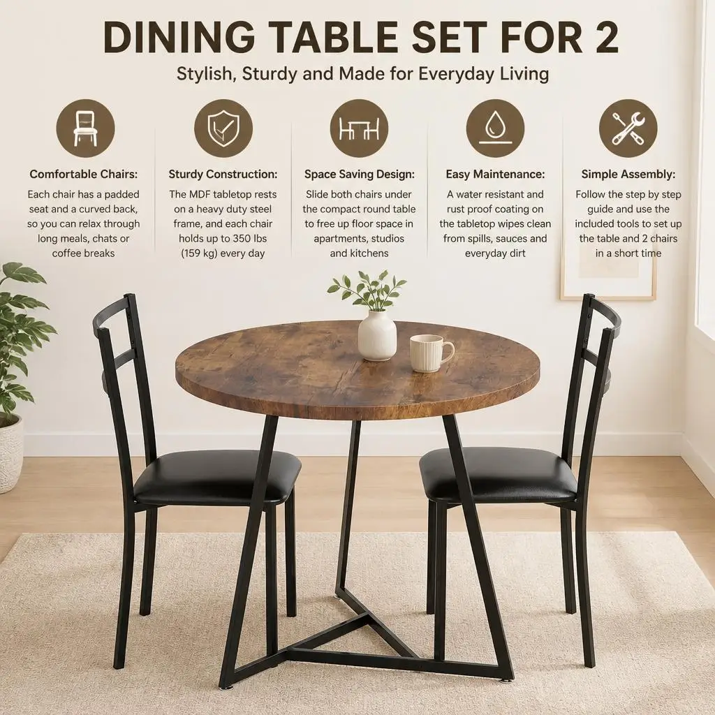 Dining Table Set for 2, Kitchen Table and Chairs, 3 Piece Round Small Space Dining Set for Apartment, MDF Top with Steel Frame, Vintage Color, Easy Assembly, 2 Upholstered Chairs, Water Resistant Surface, Space Saving for Small Rooms